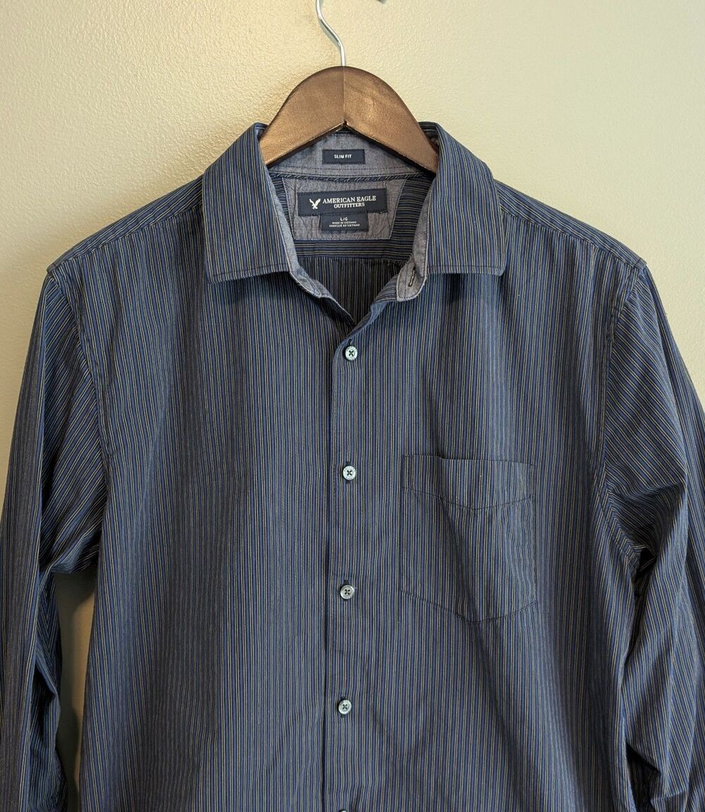 American Eagle Mens Large Slim Fit Button Up Shirt Blue Yellow Striped LS L